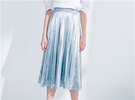 純色亮面鬆緊腰百搭長版百褶長裙